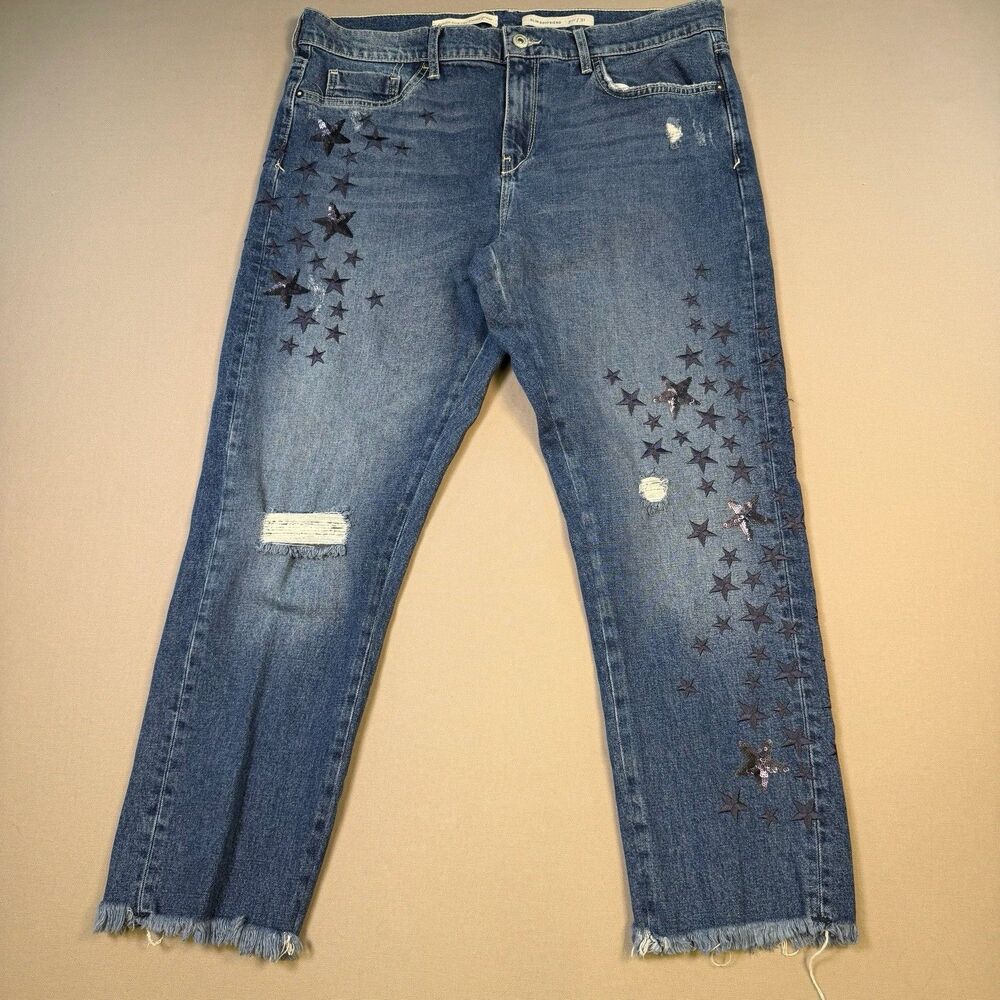 Anthropologie Pilcro Sequin Star Jeans Crop Embroider Distress Slim Denim 31